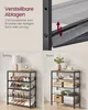 The image shows a shoe rack with adjustable shelves, demonstrating two configurations: slanted and flat. The top section provides a close-up of the shelf adjustment mechanism with German text. Produktbild-Vorschau