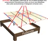 An illustration showing a slatted bed base being placed into a bed frame, with red arrows indicating support points. Produktbild-Vorschau