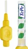 A yellow interdental brush and a clear plastic tube with green leaf pattern and the brand name TePe printed on it. Produktbild-Vorschau