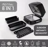 A multi-cooker with various accessories laid out around it, along with icons representing different cooking functions. Produktbild-Vorschau
