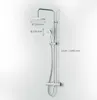 A chrome shower system mounted on a white wall with dimensions indicated. Produktbild-Vorschau