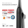 A black electric toothbrush is shown next to its brush head, surrounded by awards and logos indicating its recognition and endorsements. Podgląd zdjęcia produktu