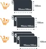 Illustration showing different quantities of rolled material, with dimensions indicated. It shows one roll, two rolls stacked, and three rolls stacked, with accompanying shopping cart icons and quantities (1x, 2x, 3x). Dimensions are labeled as 90cmx100cm  Produktbild-Vorschau