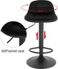 A black bar stool with features highlighted by text and graphics. Produktbild-Vorschau