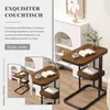 A collage of images showcasing a C-shaped side table with wooden tops and a black metal frame, placed in a modern living room setting. Produktbild-Vorschau