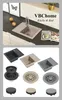 A collage of kitchen sinks and accessories, with a lifestyle shot of a sink in a kitchen setting at the top. Produktbild-Vorschau