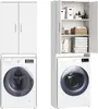 A white laundry cabinet with two doors is shown above a white washing machine. The cabinet is open on the right side, revealing shelves with various items like towels, bottles, and baskets. Produktbild-Vorschau