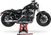 A black motorcycle is lifted by a red hydraulic jack. Produktbild-Vorschau