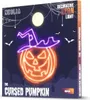The image shows the packaging for a decorative neon light shaped like a pumpkin with a witch's hat. The packaging features a Halloween-themed design with a moon, bats, and spiderwebs. Produktbild-Vorschau