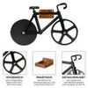 A collage showing a bicycle-shaped pizza cutter and close-ups of its features and accompanying text. Produktbild-Vorschau