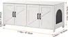 A white wooden cabinet designed to conceal a cat litter box, with dimensions indicated by measurement lines and text. Produktbild-Vorschau