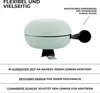 A bicycle bell is shown against a white background, with text overlays describing its features. Produktbild-Vorschau