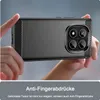 Hands holding a smartphone with a black protective case, showcasing the camera module and textured back. A grey overlay at the bottom contains text. Produktbild-Vorschau