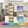 A kitchen scene featuring a white display cabinet with LED lighting, showcasing different color options. Voir les images du produit