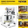 A VEVOR brand planetary mixer with dimensions and usage examples in a restaurant, bakery, and pizzeria. Produktbild-Vorschau
