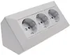 A white, angled power strip with three European-style outlets, shown against a white background. Produktbild-Vorschau
