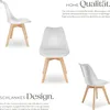 Three views of a white chair with wooden legs, presented on a white background with marketing text. Náhled obrázku produktu