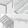Collage of four images showing a gray expandable and stackable cabinet shelf organizer. Produktbild-Vorschau