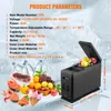 A product parameters chart for a VEVOR auto refrigerator, with images of food and the refrigerator itself. Produktbild-Vorschau