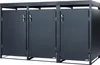 A dark gray, three-unit trash can enclosure with a green roof is shown against a white background. Produktbild-Vorschau