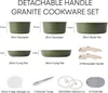A flat lay image displaying various components of a granite cookware set, including saucepans, frying pans, saute pan, removable handles, storage lid, tongs, silicone lids, and trivet mats, with dimensions and labels. Produktbild-Vorschau