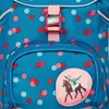 Close-up of a blue backpack with a polka dot pattern, featuring a buckle and a patch with a horse and rider. Anteprima dell’immagine prodotto