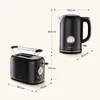 A black toaster and kettle set with gold accents, displayed with dimensions indicated by lines and text. Produktbild-Vorschau