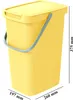 A yellow trash can with a gray handle and lid, shown with dimensions indicated by text overlays. Produktbild-Vorschau