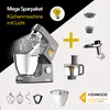 A marketing image showcasing a kitchen machine with various attachments and accessories, along with promotional text and a brand logo. Produktbild-Vorschau