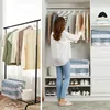 A split image showing a clothing rack with clothes on the left and a woman organizing a closet on the right. Náhled obrázku produktu