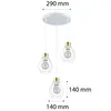 A white pendant light fixture with three geometric wire cages, each containing a light bulb, suspended from a white circular ceiling plate. Dimensions are indicated with text overlays. Produktbild-Vorschau