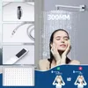 A woman is showering under a large rain showerhead, with smaller inset images showing product components and a comparison graphic. Produktbild-Vorschau