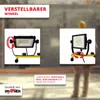 A construction worker in the background, with two close-up images of a work light on a stand, demonstrating its adjustable angle. Produktbild-Vorschau