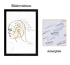 A framed picture of a woman's face in profile, next to a protective film with text. Produktbild-Vorschau