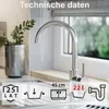 A kitchen sink faucet and sink area with various icons and text indicating technical specifications. Produktbild-Vorschau