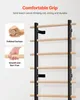 A close-up view of a wall-mounted climbing structure with wooden rungs and black metal supports, accompanied by descriptive text and inset images highlighting product features. Produktbild-Vorschau