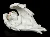 A white angel figurine sleeping on a bed of feathers, with a floral crown on its head. Produktbild-Vorschau