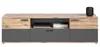 A modern, long, low media console with a wood-look top and front panels, and gray drawers and doors. Produktbild-Vorschau