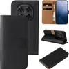 A collage of images showing a black flip-style phone case for a Xiaomi Redmi Note 14 Pro, including the case closed, open with a phone inside, and standing up as a stand. Produktbild-Vorschau