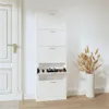 A white shoe cabinet with multiple drawers and an open compartment displaying shoes, placed in a hallway next to a white door and a vase with dried wheat. Produktbild-Vorschau