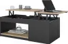A modern coffee table with a lift-top mechanism, displaying a laptop and decorative items. Voir les images du produit