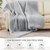A light gray blanket draped over a sofa, with marketing text and icons below. Produktbild-Vorschau