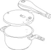 An exploded line drawing of a pressure cooker with its lid and handle detached. Náhled obrázku produktu