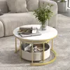 A round coffee table set with a marble-look top and a fabric basket underneath, placed in a living room setting next to a sofa. Podgląd zdjęcia produktu