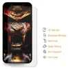 A phone screen protector with a graphic design of a samurai mask, shown with feature callouts. Produktbild-Vorschau