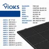 A close-up of charcoal filters, with a list of compatible appliance brands and model numbers. Produktbild-Vorschau
