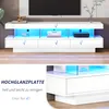 A white TV stand with LED lighting is shown in a room setting, with a close-up view of its glossy surface and drawers. Náhľad obrázku produktu