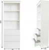 Two views of a white bookshelf with drawers, showing dimensions. Produktbild-Vorschau