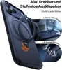 A dark blue phone case with a 360-degree rotating ring stand is shown from a diagonal angle. Text overlays describe features like 360-degree rotation, stability, and durability. Anteprima dell’immagine prodotto