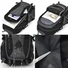 A collage of four images showing different aspects of a backpack, including its compartments, water resistance, and material. Produktbild-Vorschau